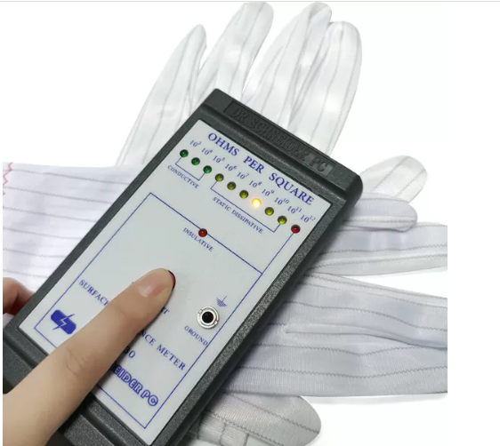Technical specifications of ESD anti-static gloves displayed, showcasing surface resistivity and static decay time.